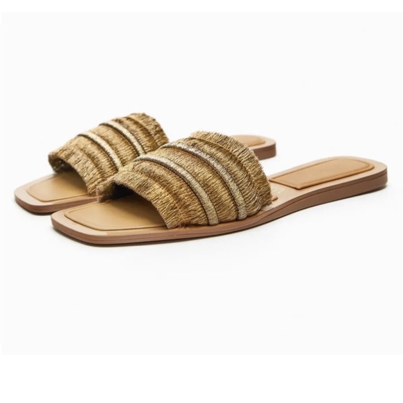 Zara Flat Sandals With Fringe Square Toes Golden - Picture 1 of 12